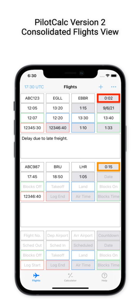 An image showing the Flights view of PilotCalc Version 2.