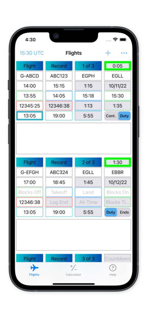 Image of the Flight Log screen.