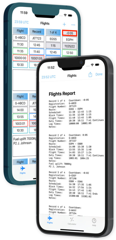 A view of the Flight Log and the associated PDF report.