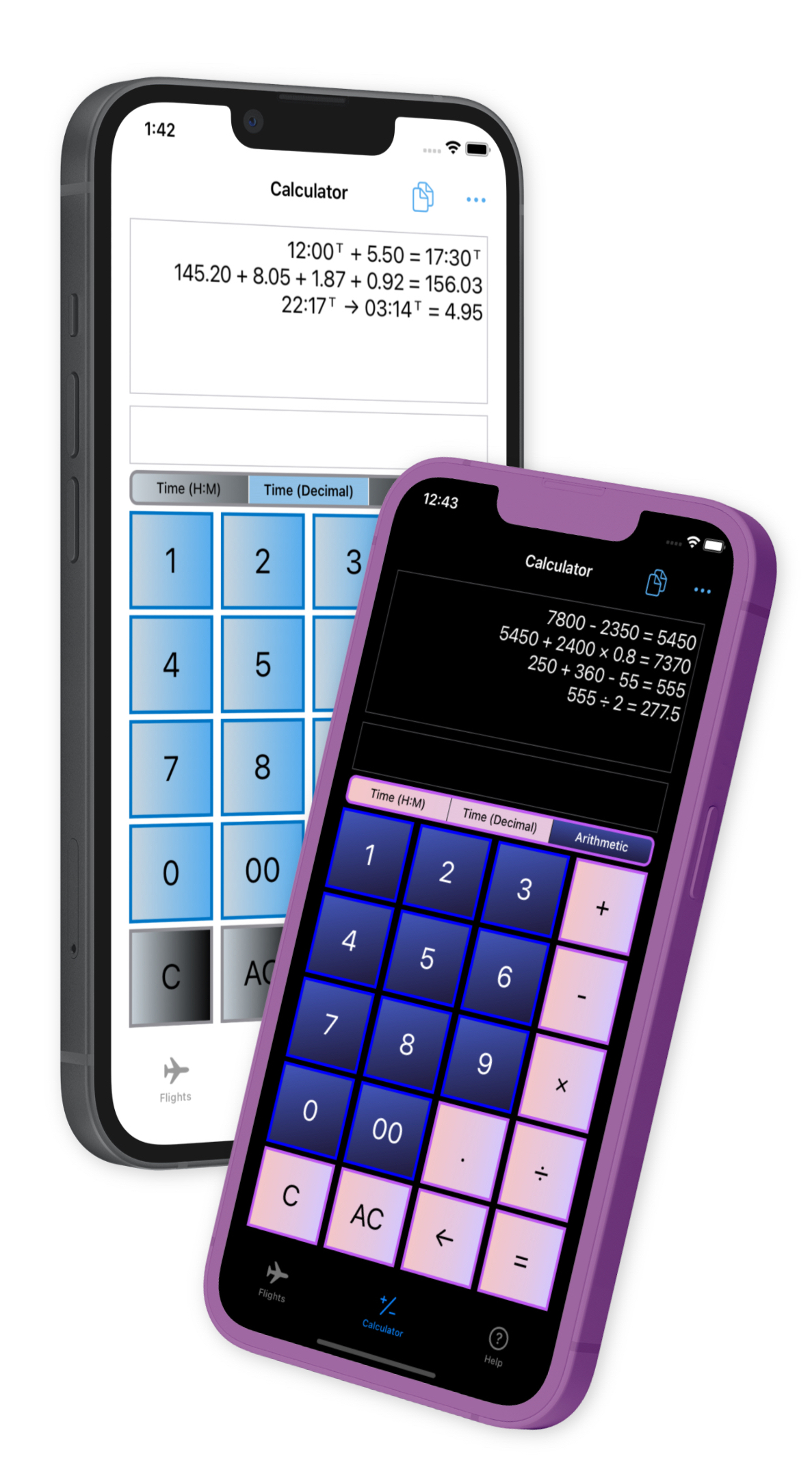 Image of two calculators, one showing the decimal time function and the other the arithmetic function. The first calculator uses the default light blue and silver keyboard and is shown in light mode, the latter demonstrates the dark blue and pink keyboard in dark mode.