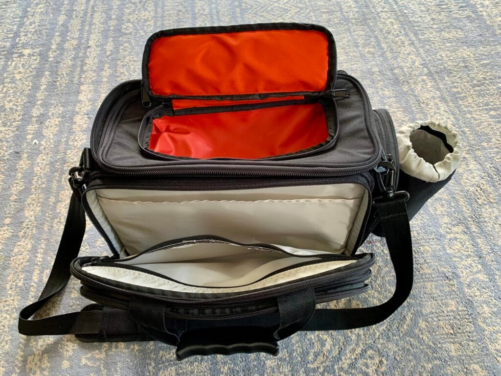 A view of the Aerocoast Pro Crew I showing the open top pocket and the first of the two front pockets.